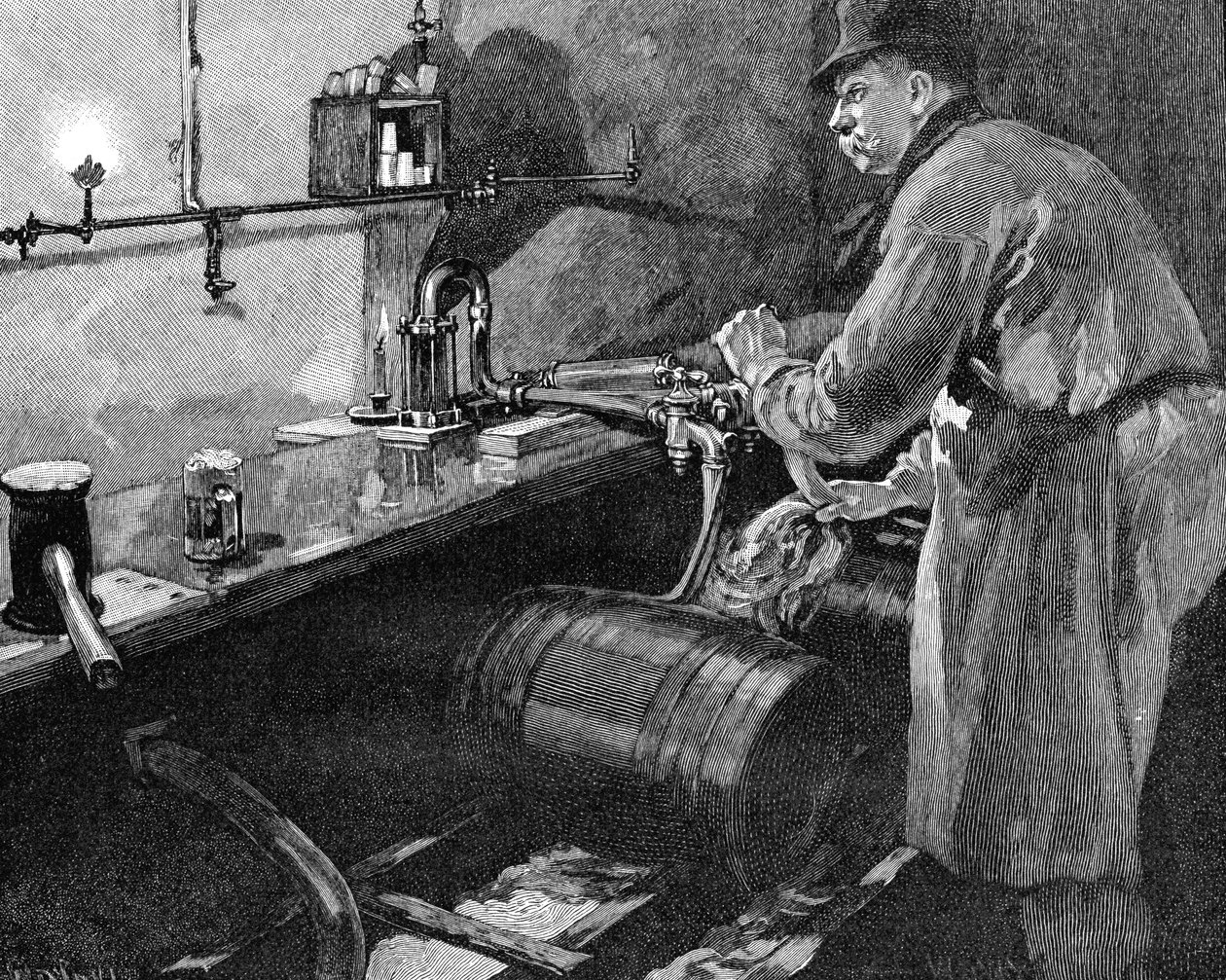 Napełnianie beczek piwa w amerykańskim browarze, 1885 autorstwa Unbekannt