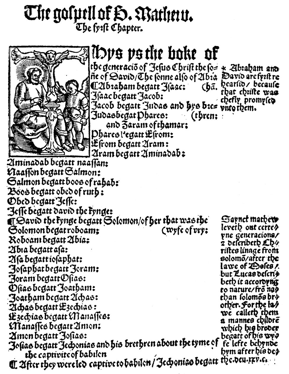 Pierwsza strona Ewangelii św. Mateusza z angielskiego Nowego Testamentu Williama Tyndale