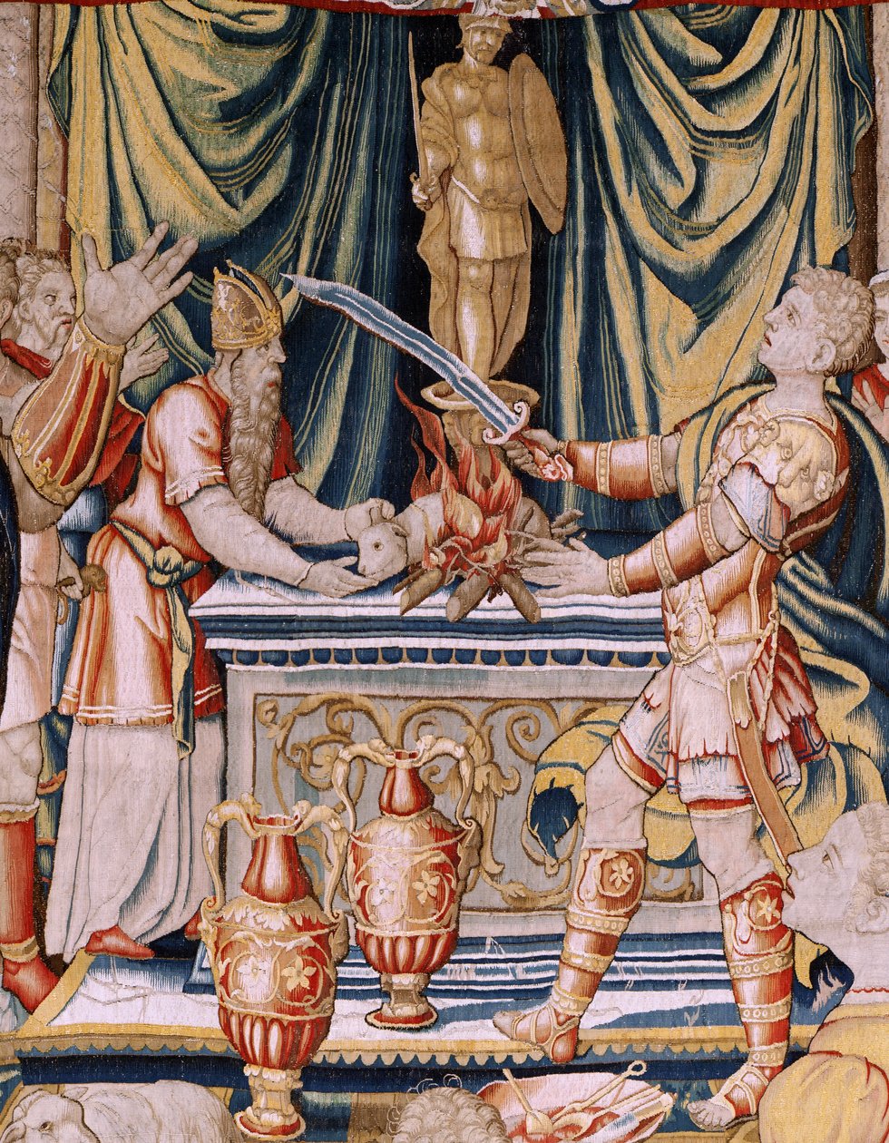 Flamandzki gobelin. Seria Historia Hannibala. Przysięga Hannibala (Juramento de Aníbal). Pierwszy gobelin z serii. Bajki anonimowego mistrza Holandii. Warsztaty produkcyjne w Brukseli. Około 1570. Tkanina Wełna i jedwab, 6,5/7 osnowy na cm. Rozmiar 34 autorstwa Unbekannt