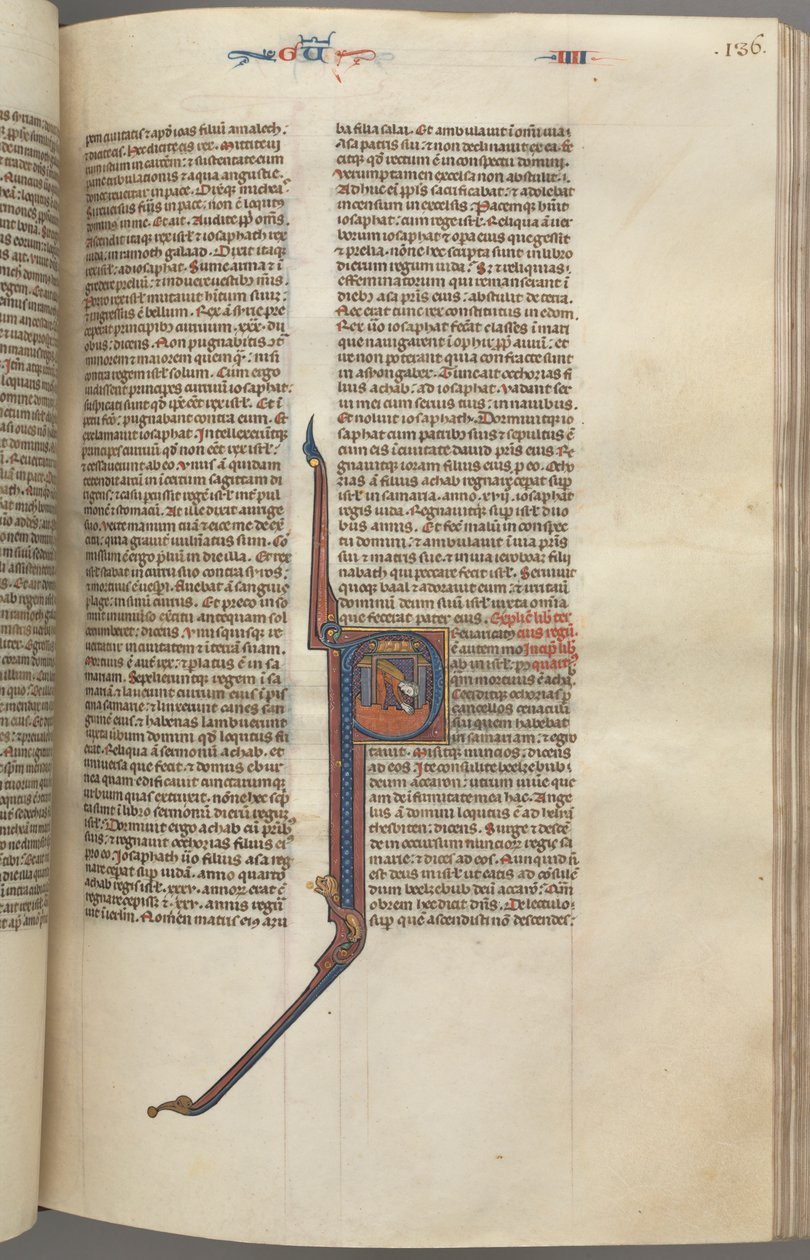 Fol. 136r, Kings IV, inicjał historyczny P, Achazjasz spadający z wieży, ok. 136r. 1275-1300. autorstwa Unbekannt