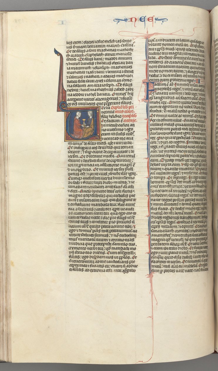 Fol. 178v, Nehemiasz, inicjał historyczny V, Nehemiasz przedstawiający Artakserksesowi złoty kielich, c. 127 autorstwa Unbekannt