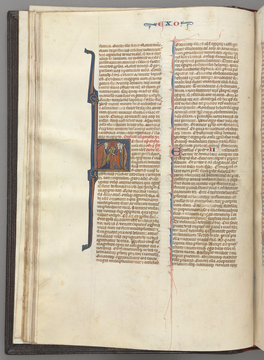 Fol. 20v, Exodus, inicjał historyczny H, Mojżesz i dwaj wyznawcy z tablicami prawa, c. 127 autorstwa Unbekannt
