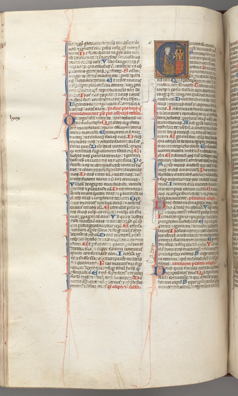 Fol. 227v, Psalm 80, historyczny inicjał E, Dawid uderzający w karylion piekieł, c. 227v, Psalm 80, historyczny inicjał E, 1275-1300. autorstwa Unbekannt
