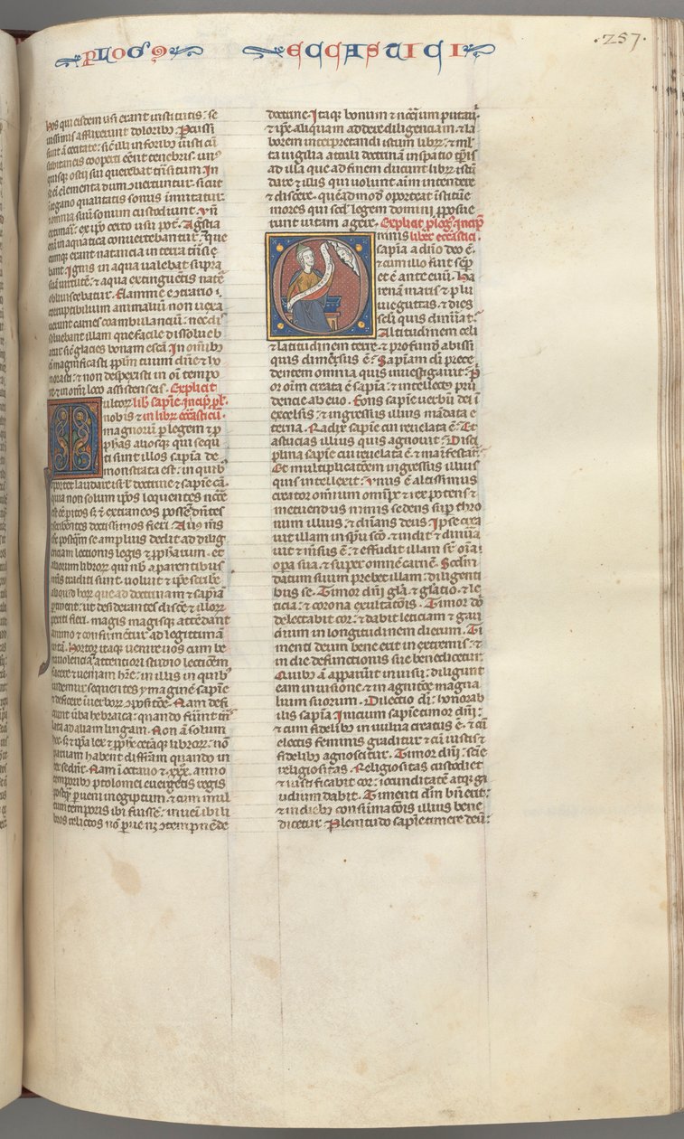 Fol. 257r, Ecclesiasticus, inicjał historyczny O, Syrach siedzący ze zwojem, u góry popiersie Boga, autorstwa Unbekannt