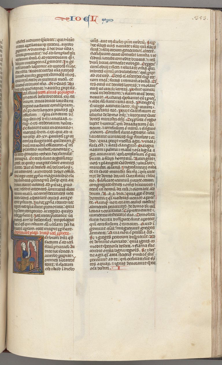 Fol. 353r, Joel, inicjał historyczny V, Joel siedzący ze zwojem, u góry popiersie Boga, ok. 353r. 1275-1300. autorstwa Unbekannt