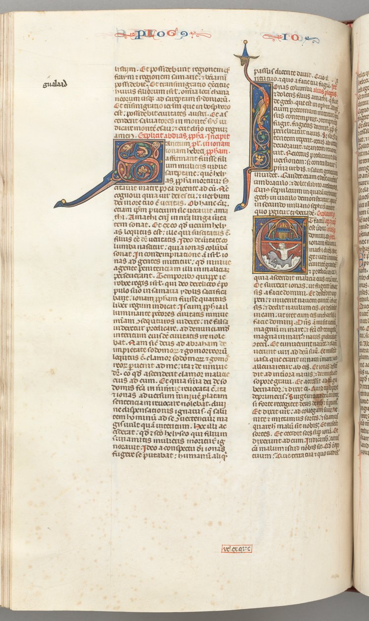 Fol. 357v, Jonasz, historyczna inicjał E, Jonasz połknięty przez wieloryba, otoczone murem miasto powyżej, 1275- autorstwa Unbekannt