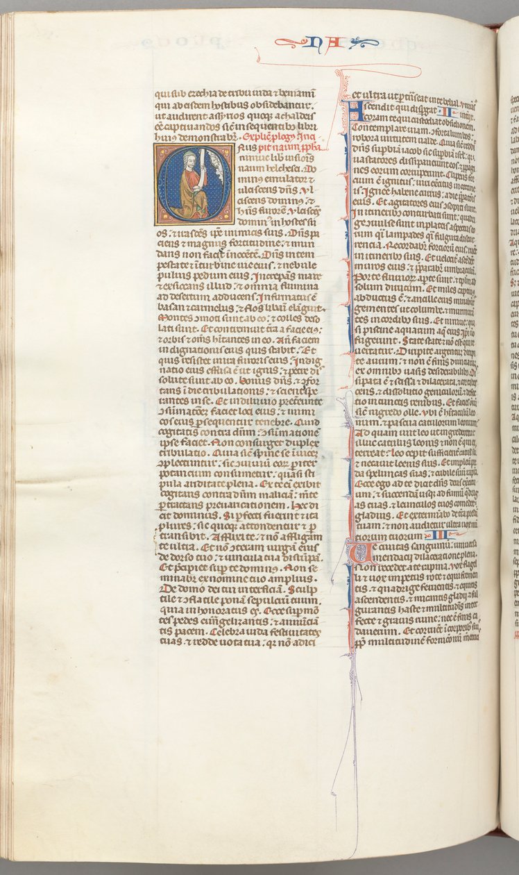 Fol. 360v, Nahum, inicjał historyczny O, Nahum klęczący ze zwojem, u góry popiersie Boga, ok. 1930 r. 1275-13 autorstwa Unbekannt