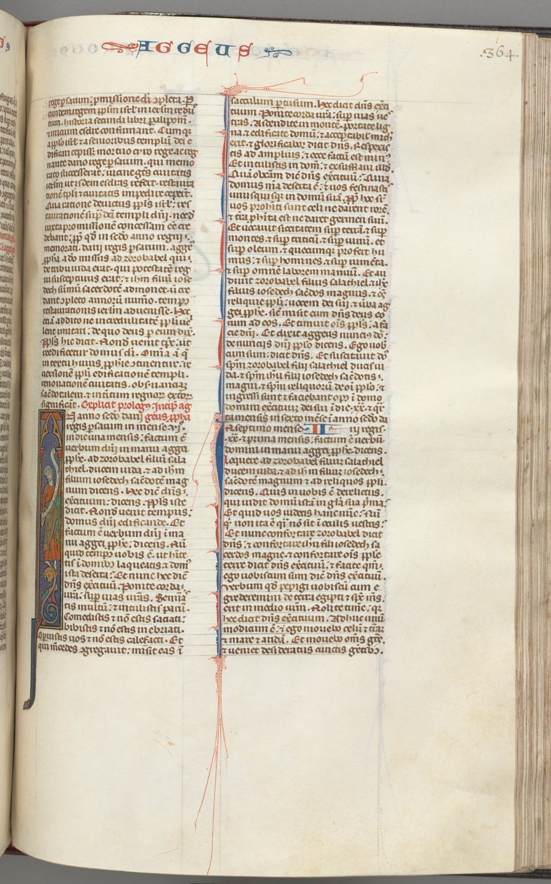 Fol. 364r, Aggeusz, inicjał historyczny I, Aggeusz ze zwojem stojącym na hybrydzie, ok. 364r. 1275-1300. autorstwa Unbekannt