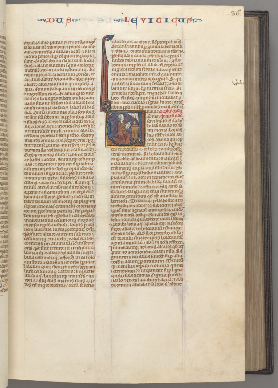Fol. 36r, Księga Kapłańska, inicjał historyczny V, Mojżesz ofiarowujący baranka ofiarnego na ołtarzu, c. 1275-1 autorstwa Unbekannt