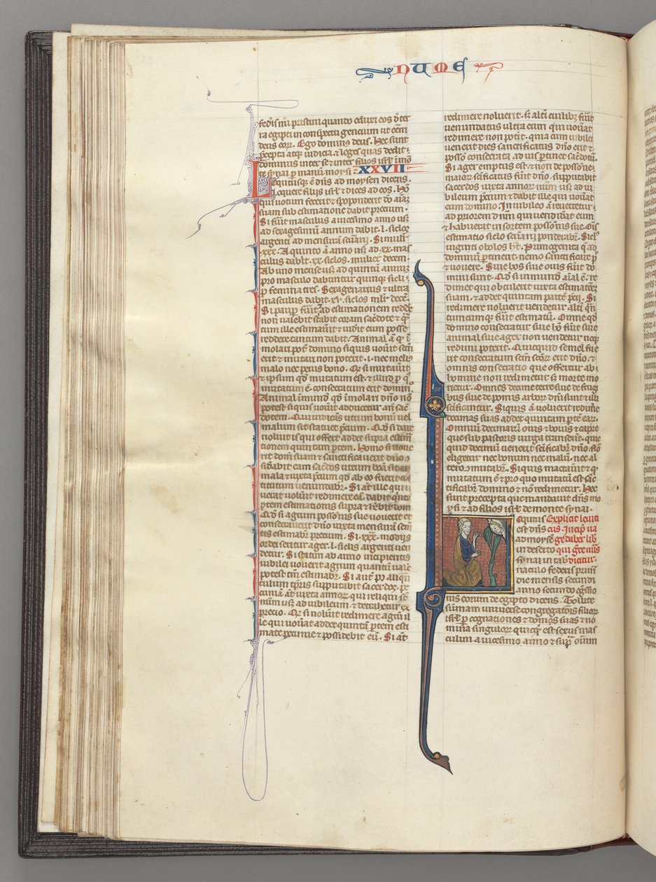 Fol. 46v, Liczby, inicjał historyczny L, Mojżesz z rogami, klęczący przed Bogiem, ok. godz. 1275-1300. autorstwa Unbekannt
