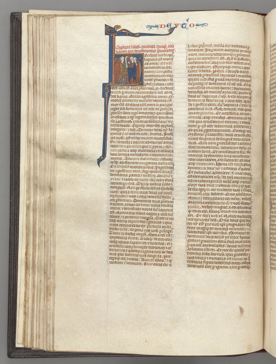 Fol. 62v, Księga Powtórzonego Prawa, inicjał historyczny H, Mojżesz z rogami i głoszenie zwoju..., c. 1275-1300 autorstwa Unbekannt