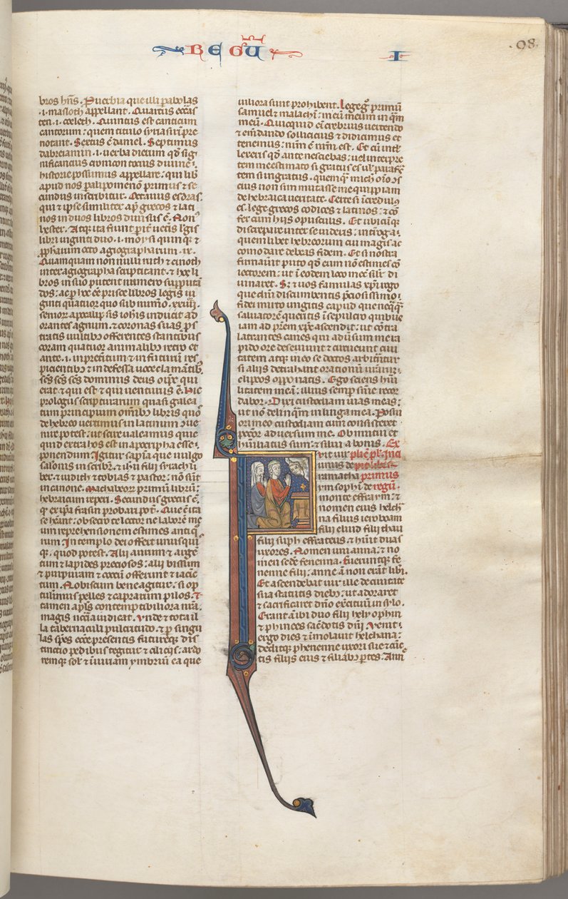Fol. 98r, Kings I, historyczny inicjał F, Elkana i Hanna klęczące przed ołtarzem..., c. 1275-13 autorstwa Unbekannt