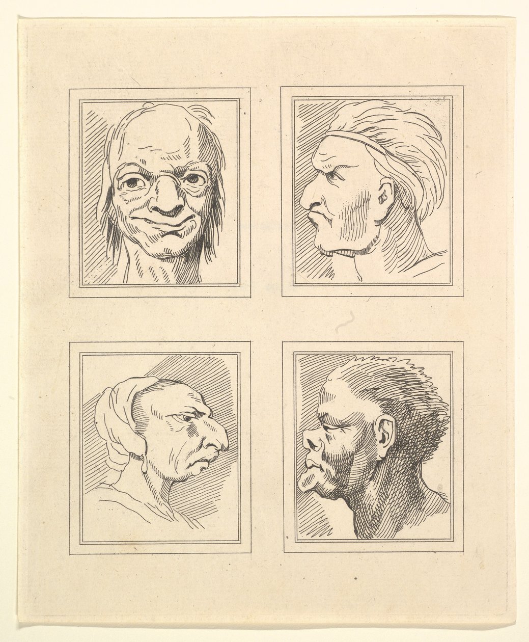 Cztery głowy z Characaturas Leonarda da Vinci, z Rysunków Wincelslausa Hollara, ..., 1786. autorstwa Unbekannt