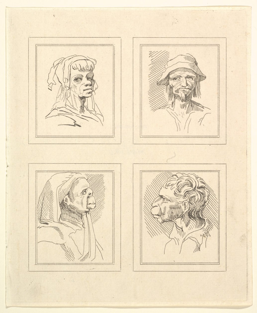 Cztery głowy z Characaturas Leonarda da Vinci, z Rysunków Wincelslausa Hollara, ..., 1786. autorstwa Unbekannt