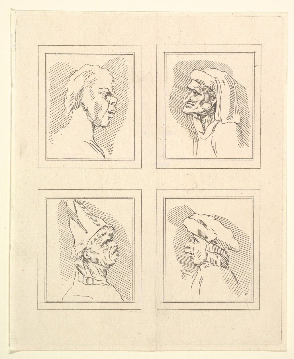 Cztery głowy z Characaturas Leonarda da Vinci, z Rysunków Wincelslausa Hollara, ..., 1786. autorstwa Unbekannt