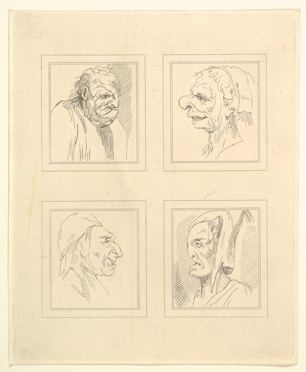 Cztery głowy z Characaturas Leonarda da Vinci, z Rysunków Wincelslausa Hollara, ..., 1786. autorstwa Unbekannt
