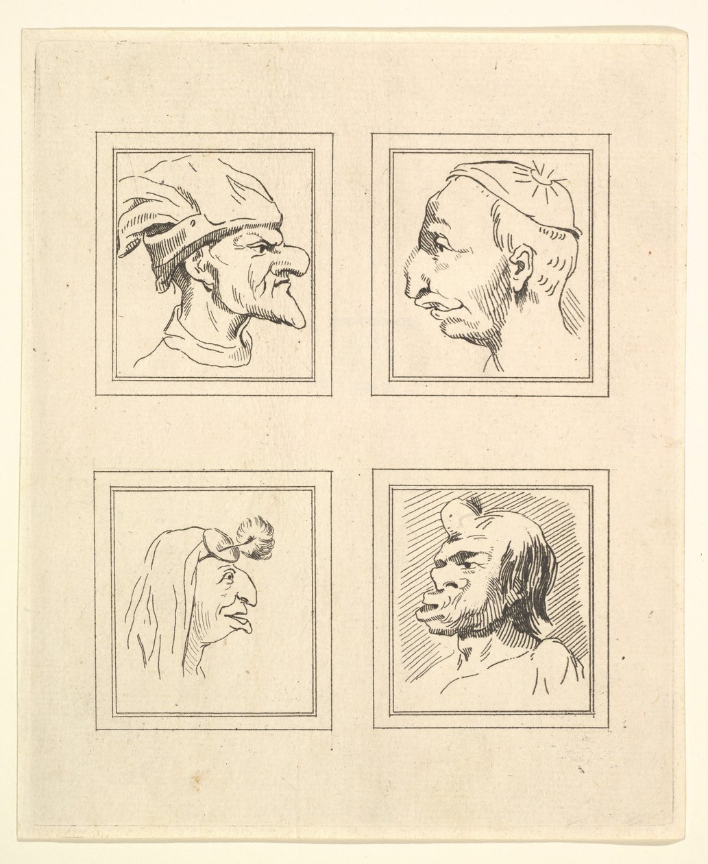 Cztery głowy z Characaturas Leonarda da Vinci, z Rysunków Wincelslausa Hollara, ..., 1786. autorstwa Unbekannt