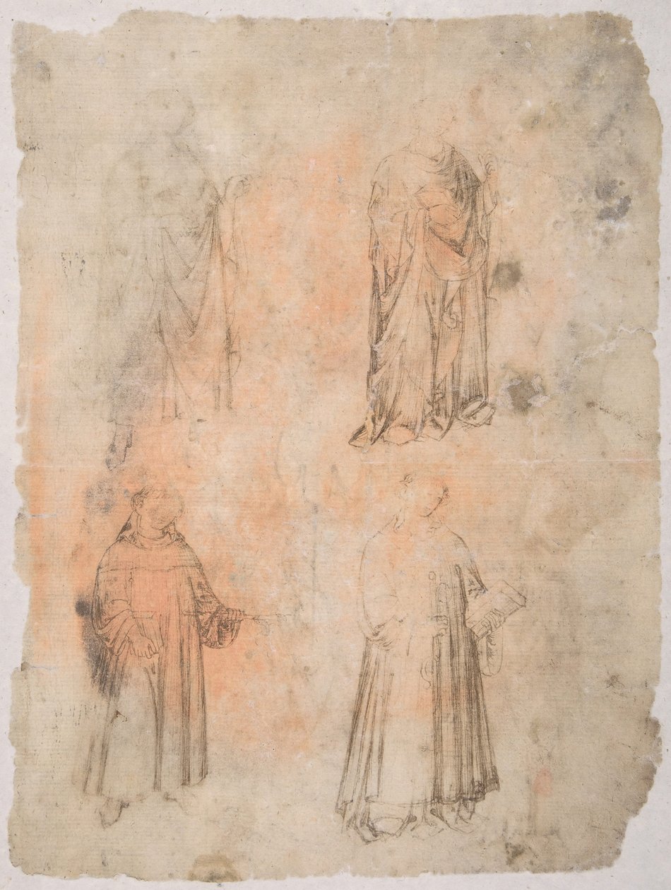 Czterech Świętych prosto, Dwóch Świętych, Siedząca Madonna i Figura klęcząca odwrócona, XIV wiek. autorstwa Unbekannt