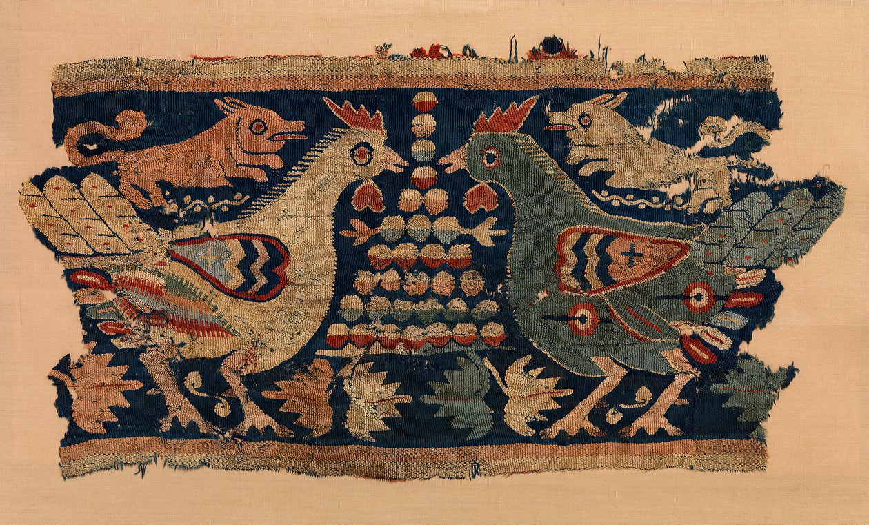 Fragment wiszącej ściany ze skonfrontowanymi kogutami i biegającymi psami, Koptyjski, IV-VI w. autorstwa Unbekannt