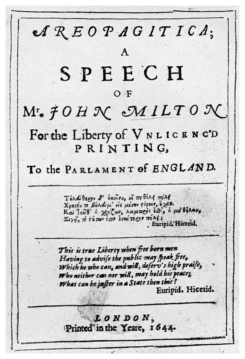 Wolność prasy: strona tytułowa z Areopagitica Johna Miltona, 1644 1956 autorstwa Unbekannt