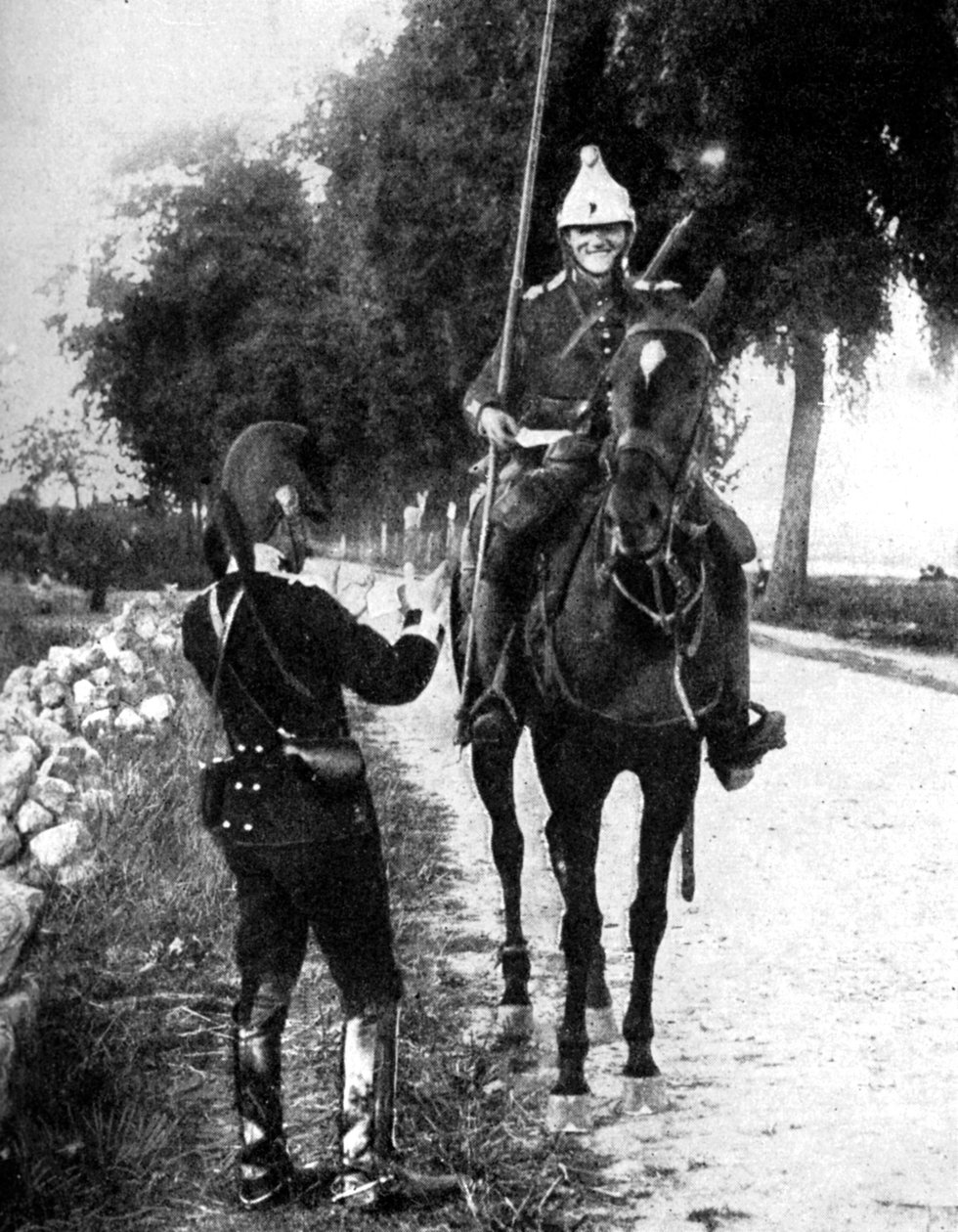 Francuski smok, dostarczający paszport, by zaalarmować belgijską pikietę, I wojna światowa, 1914 autorstwa Unbekannt