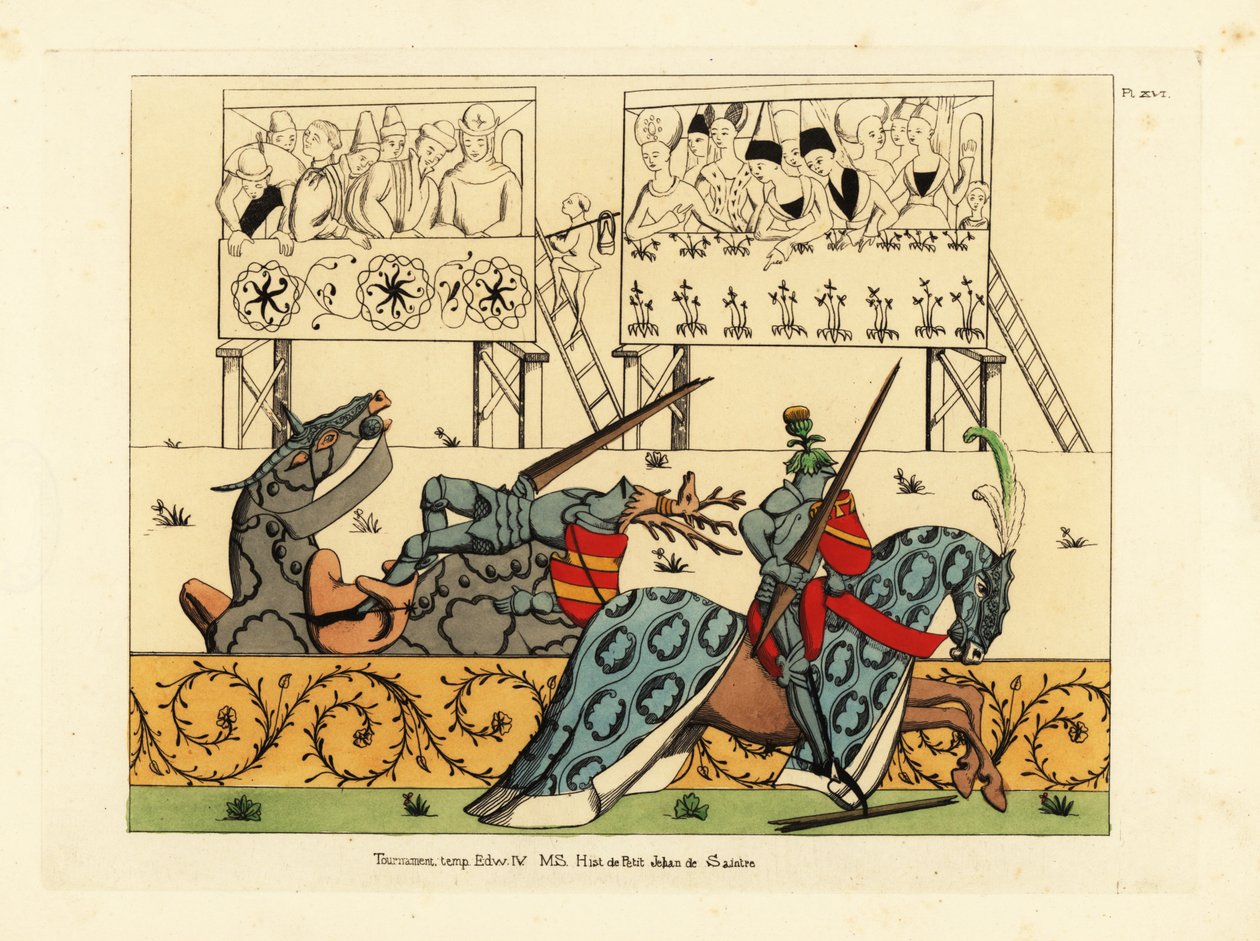 Francuski rycerz Jean de Saintre w hełmie z herbem ostu pokonuje hiszpańskiego rycerza Enguerrant w hełmie z herbem jelenia w potyczce z rękopisu Histoire de Petit Jehan de Saintre, koniec XV w. autorstwa Unbekannt