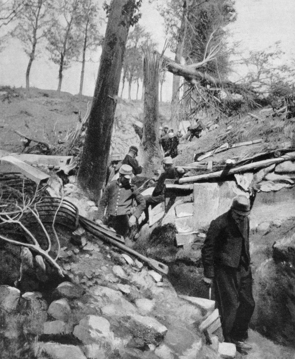 Żołnierze francuscy przechodząc przez rów po ciężkim niemieckim bombardowaniu, I wojna światowa, 1915 autorstwa Unbekannt