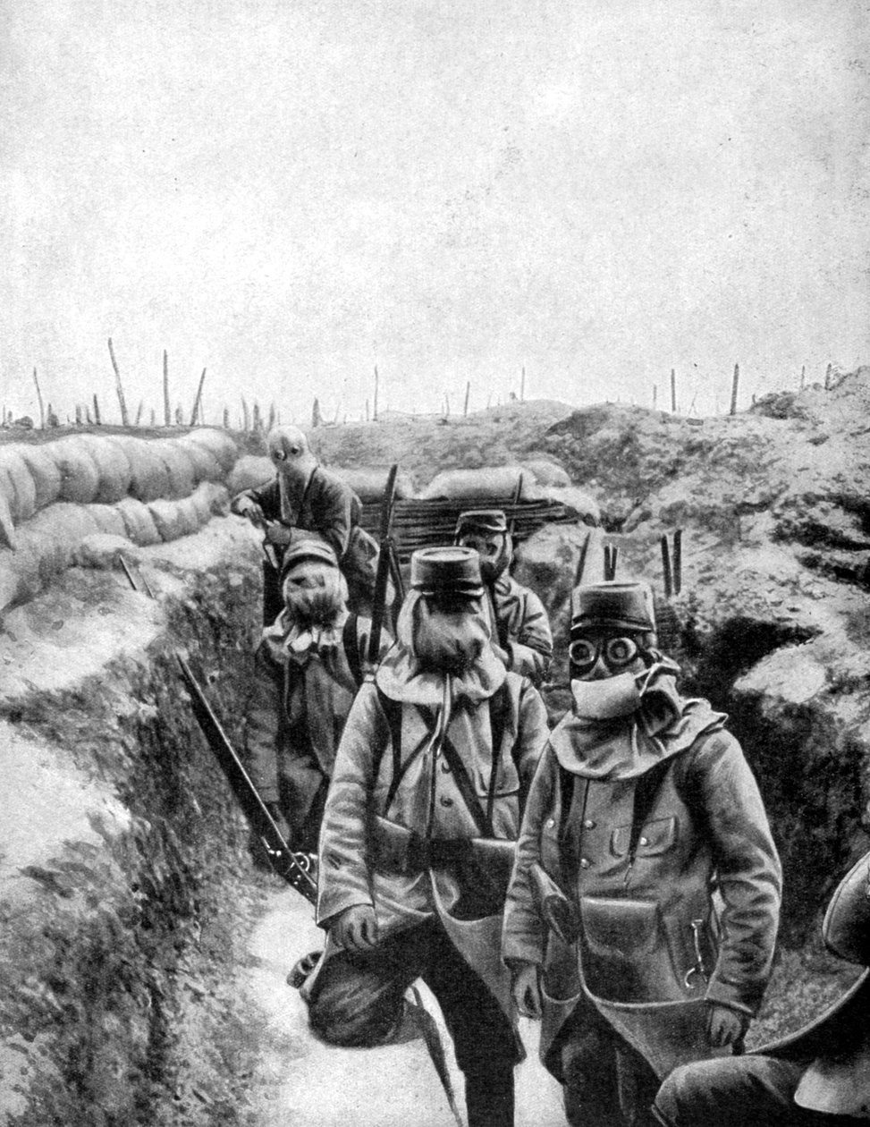 Francuscy żołnierze w improwizowanych maskach gazowych, 1915 autorstwa Unbekannt