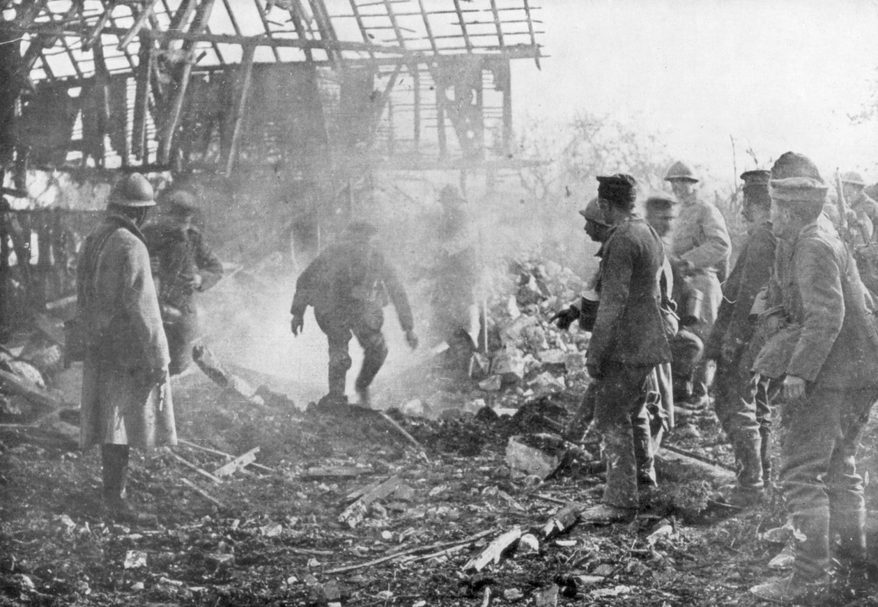 Francuskie wojska używające miotaczy ognia do wypędzenia Niemców z ich schronów, Cantigny, Francja, 1918 autorstwa Unbekannt