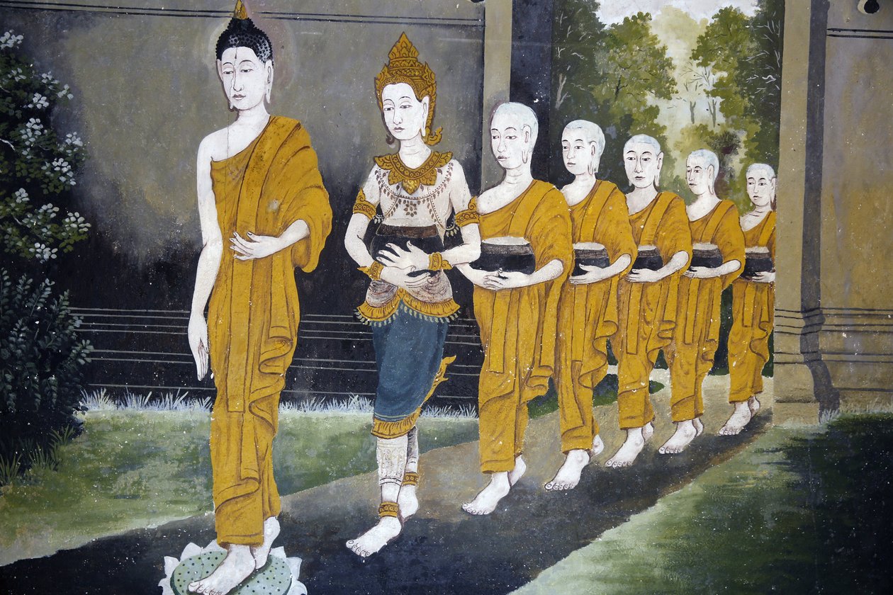 Fresk przedstawiający scenę z życia Buddy w Wat Phra Doi Suthep w Chiang Mai. Budda i mnisi na rundzie jałmużny. Tajlandia autorstwa Unbekannt