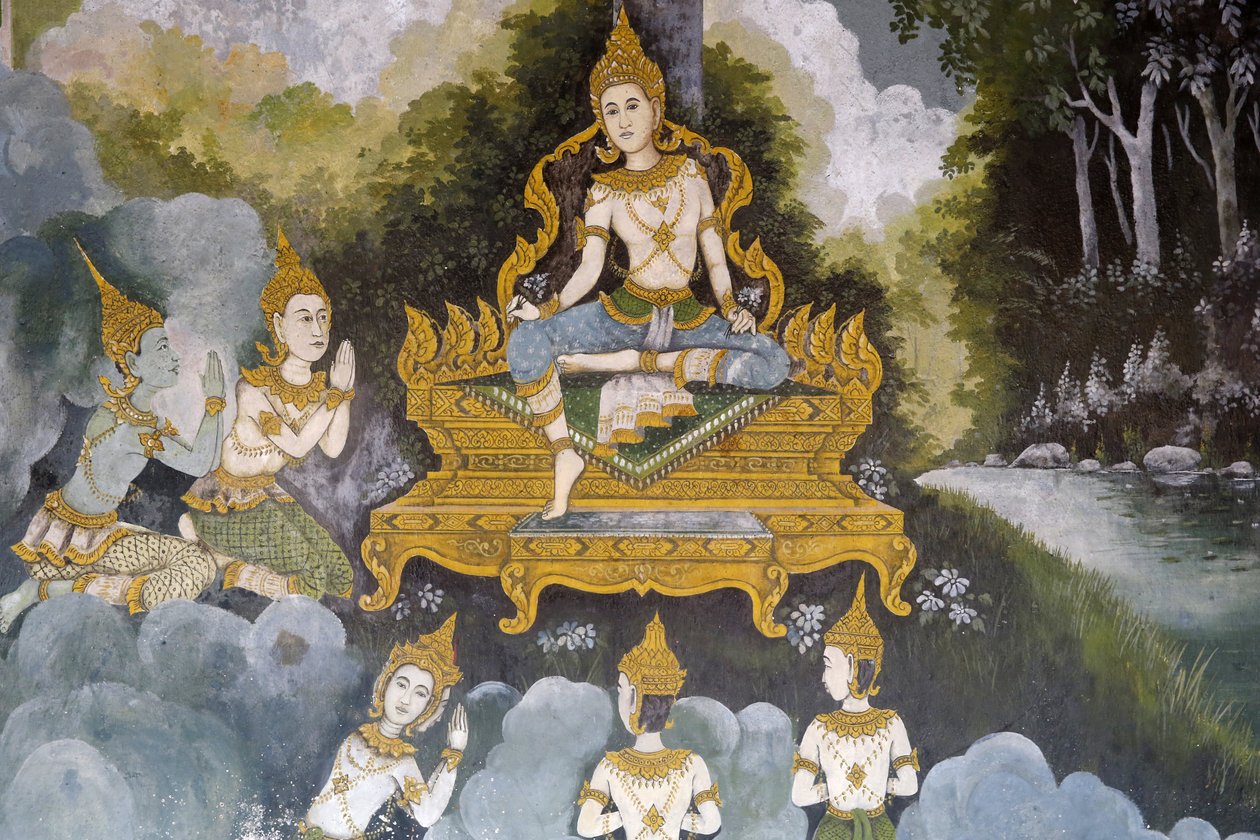 Fresk przedstawiający scenę z życia Buddy w Wat Phra Doi Suthep w Chiang Mai. Tajlandia autorstwa Unbekannt