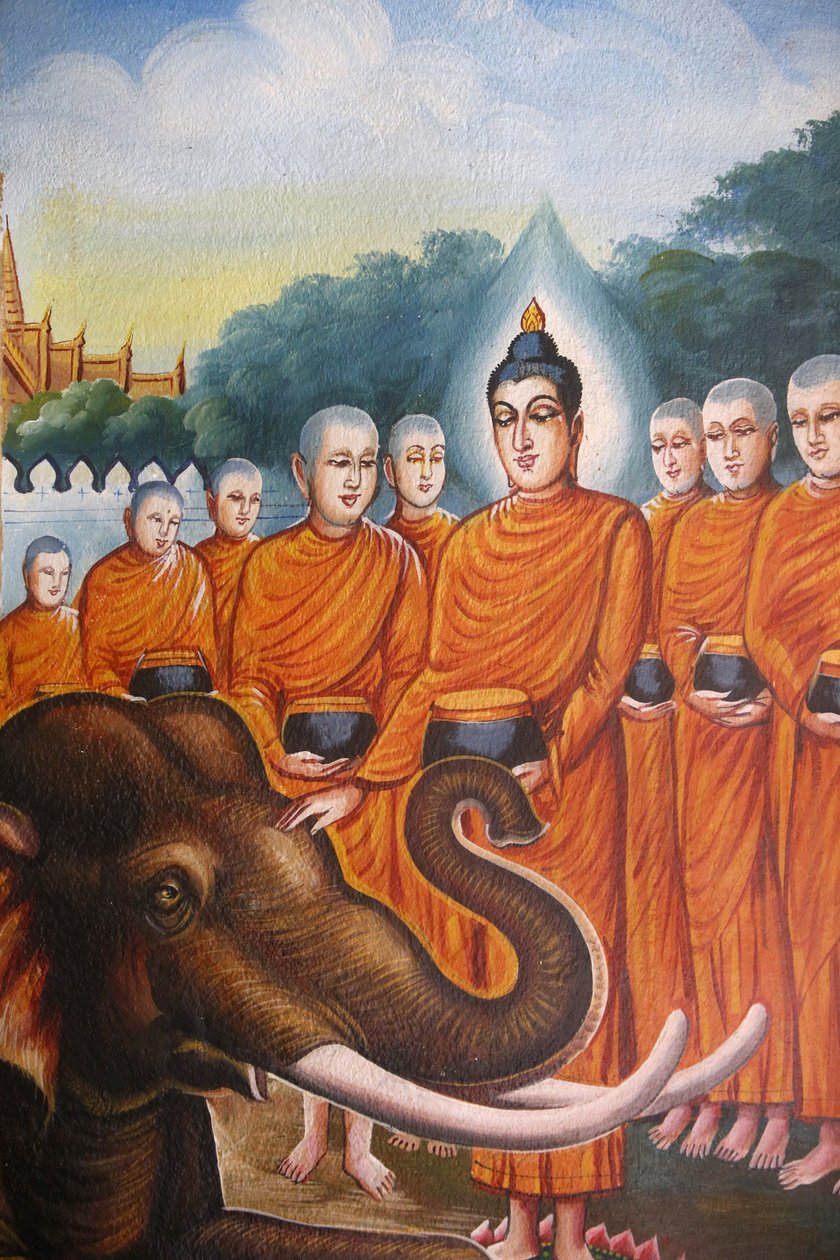 Fresk przedstawiający sangę Buddy ze słoniem w Wat Chiang Mun, Chiang Mai. Tajlandia autorstwa Unbekannt