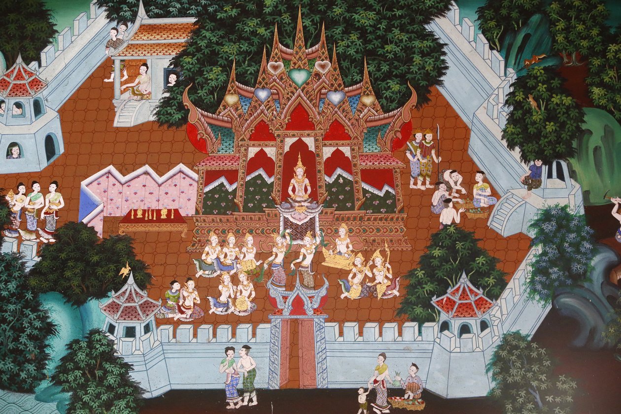 Freski w Wat Ampharam, Hua Hin, Tajlandia. Temiya Jataka, znana również jako Muga-Pakkha Jataka, jest jednym z poprzednich żywotów Buddy. autorstwa Unbekannt