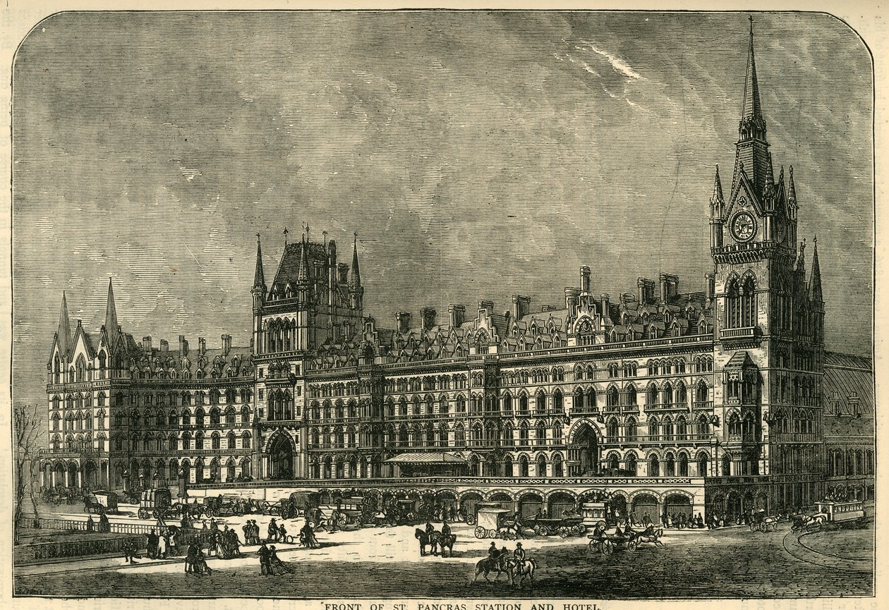 Front stacji i hotelu St. Pancras, ok. 1876 r. autorstwa Unbekannt