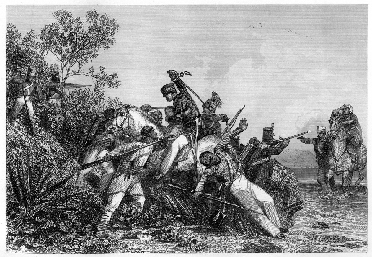 Uciekinierzy brytyjscy oficerowie i ich rodziny zaatakowani przez buntowników, 1857, ok. 1860 autorstwa Unbekannt