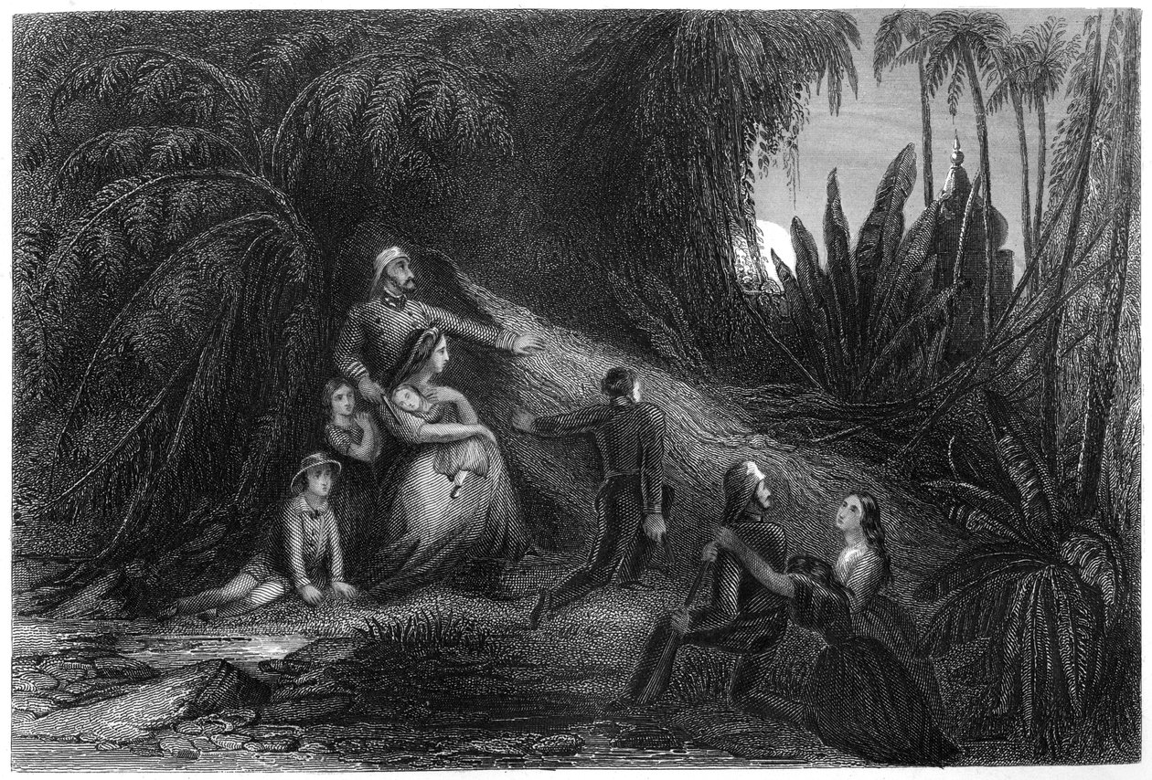 Zbiegli oficerowie z rodzinami ukrywającymi się w dżungli, 1857, ok. 1860 autorstwa Unbekannt