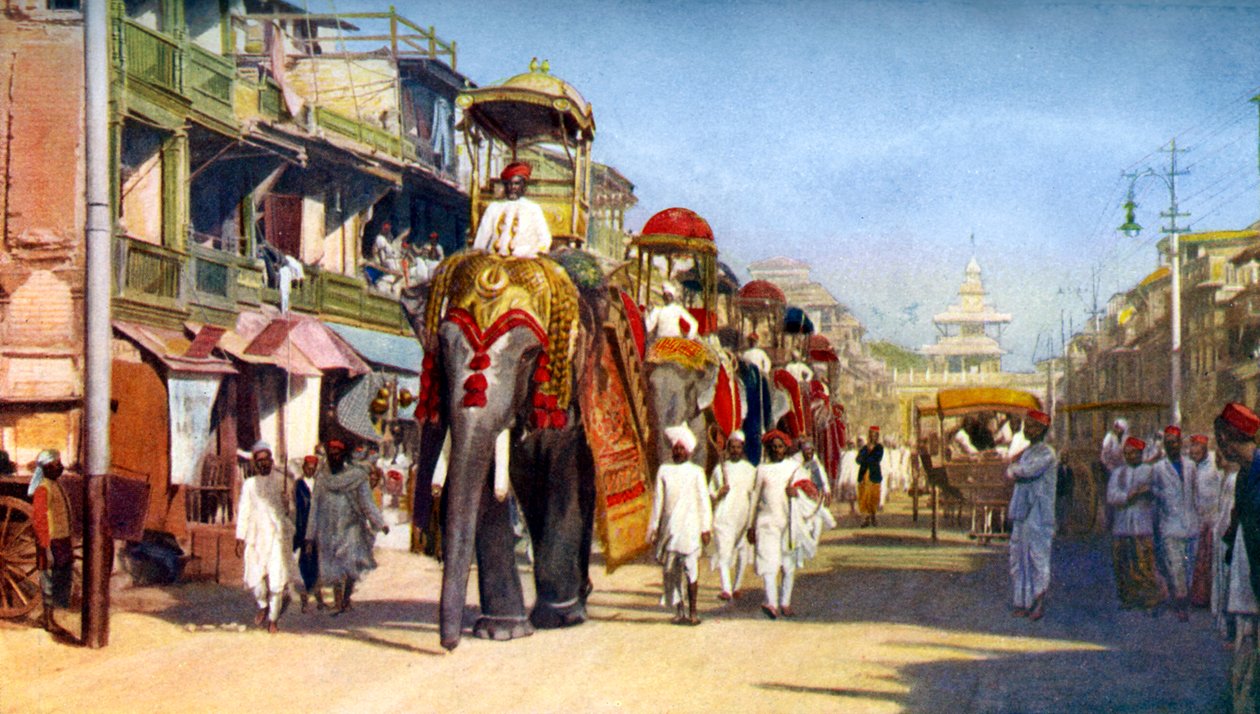 Słonie stanowe Gaekwars, Manipuri Bazaar, Bombaj, Indie, c1924 autorstwa Unbekannt