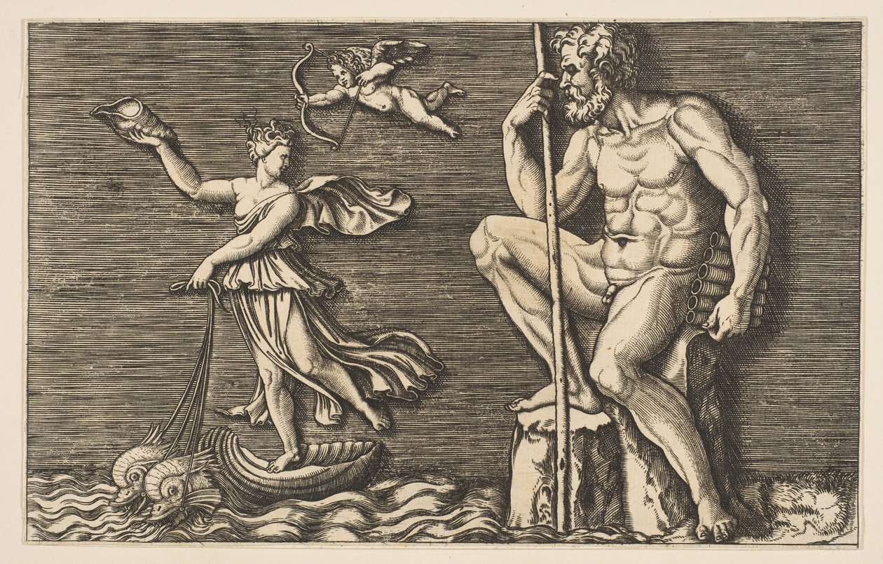 Galatea ucieka z Polifema, siedzi na skale z laską i rurami i... ok. godz. 1515-1600. autorstwa Unbekannt