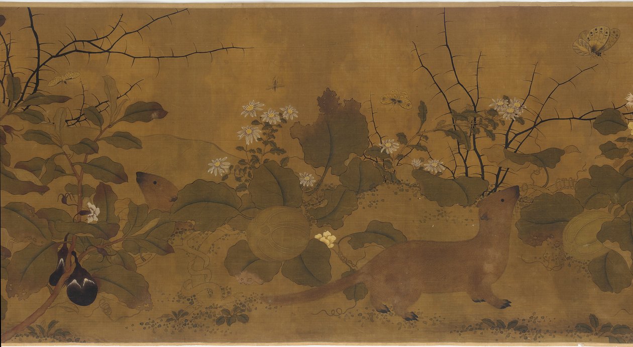 Scena ogrodowa: melony, bakłażany, kwiaty i dwie łasice, 1368-1644. autorstwa Unbekannt