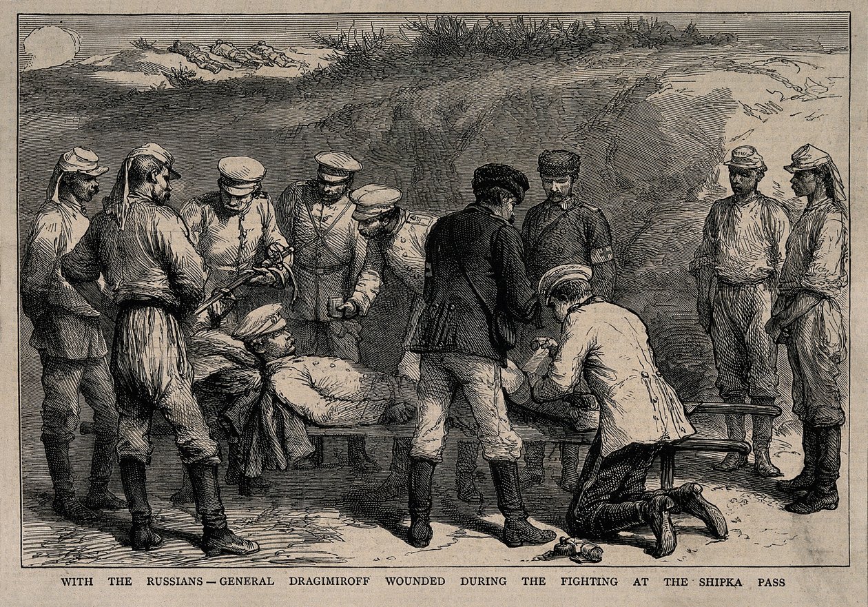 Generał Michaił Dragomirow ranny w bitwie pod Przełęczą Szipka, ok. 1878 r. autorstwa Unbekannt