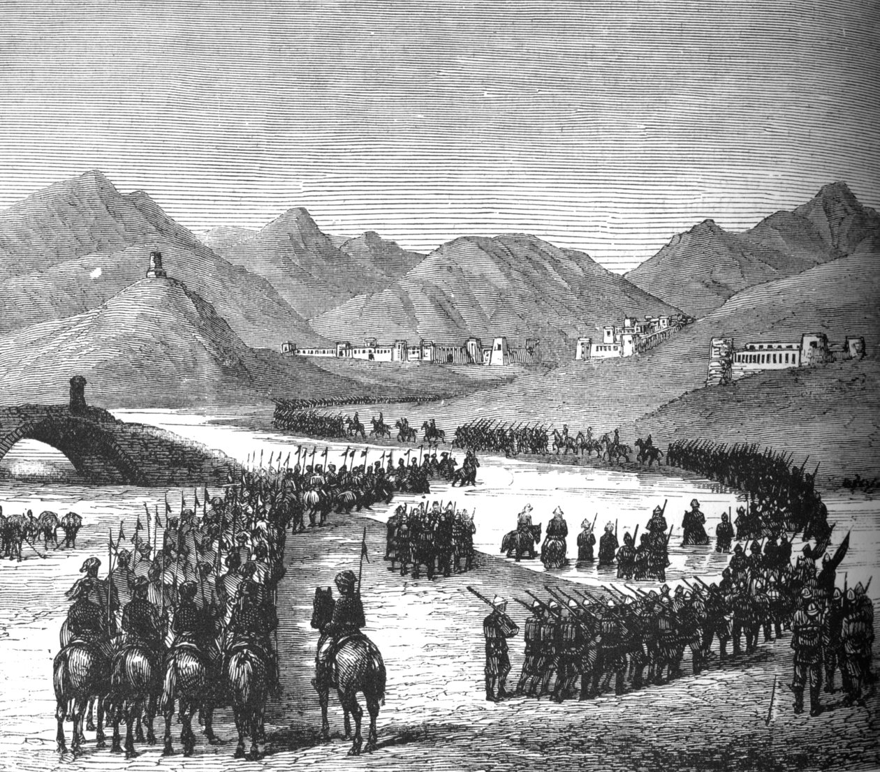 Dywizja generała Rosss przekraczająca rzekę Logar w drodze na spotkanie z Sir Donaldem Stewartem, ok. 1880 r. autorstwa Unbekannt