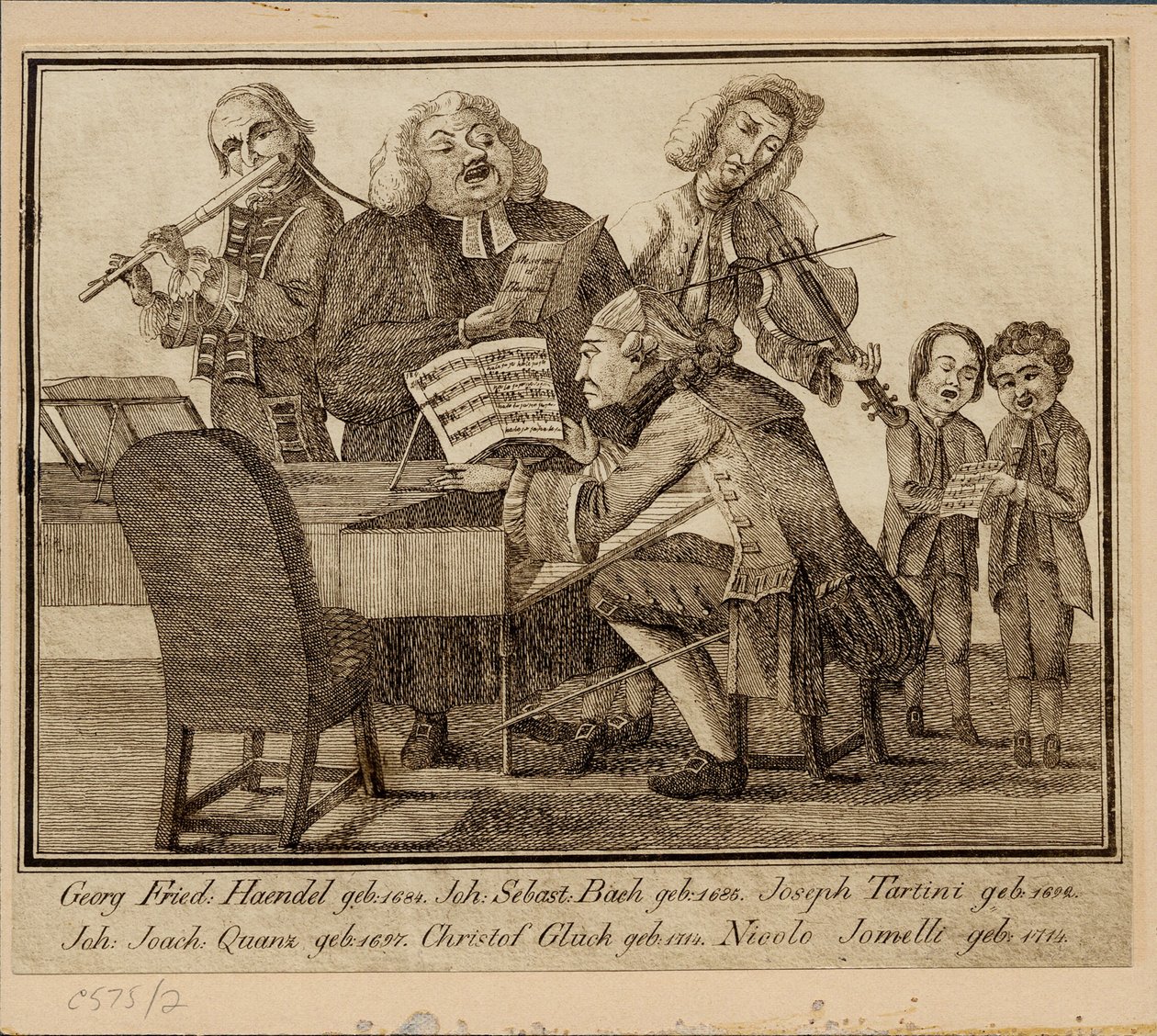 Georg Friedrich Haendel, Johann Sebastian Bach, Giuseppe Tartini, Johann Joachim Quantz, Christoph W autorstwa Unbekannt