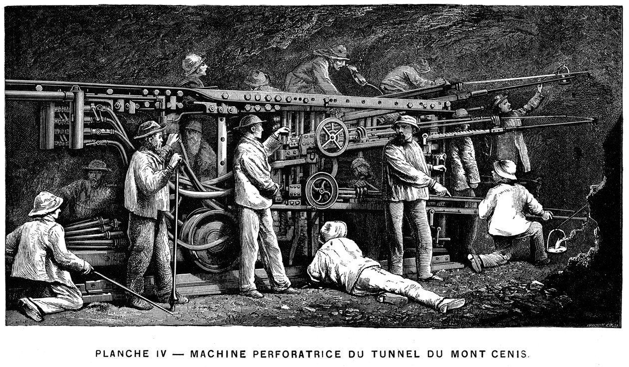 Wiertarka do skał na sprężone powietrze Germain Sommeillers używana przy wykopach tunelu Mont Cenis, 1874 autorstwa Unbekannt