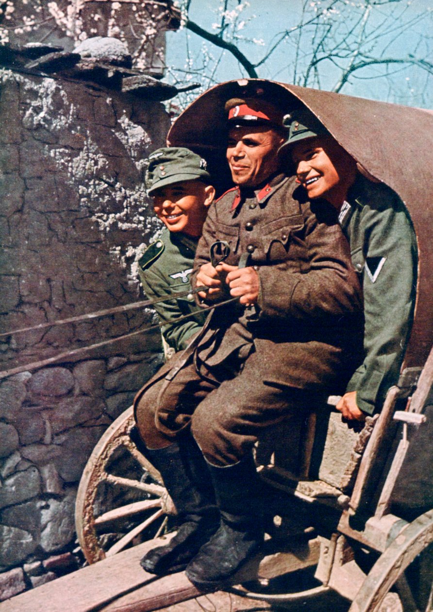 Niemieckie wojska alpejskie na wozie z bułgarskim żołnierzem, Dolina Strumy, Bułgaria, 1941 autorstwa Unbekannt