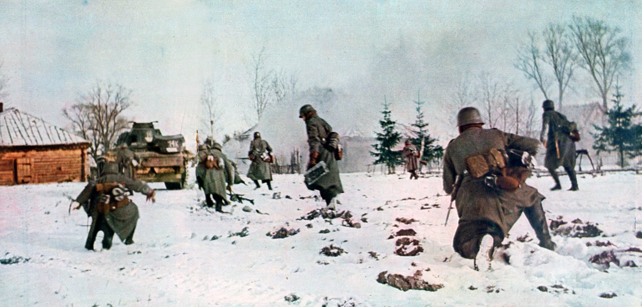 Piechota niemiecka podążająca za czołgiem w kierunku Moskwy na śniegu, Rosja, 1941 autorstwa Unbekannt
