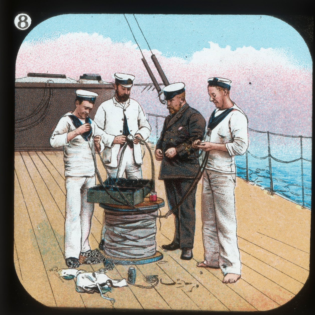 Przygotowanie do elektrycznego oświetlenia — H.M.S. Edynburg, ok. 1900. autorstwa Unbekannt