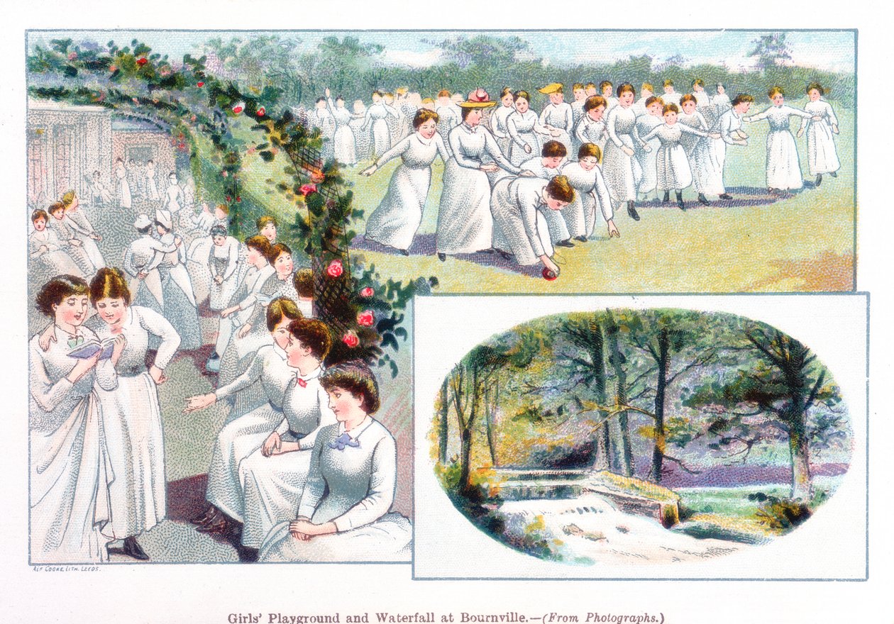 Plac zabaw dla dziewcząt i wodospad w Bournville, 1892 autorstwa Unbekannt