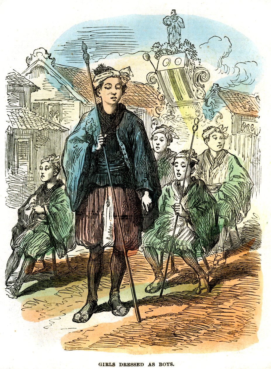 Dziewczyny przebrane za chłopców, procesja noworoczna w Jokohamie, Japonia, 1872 autorstwa Unbekannt