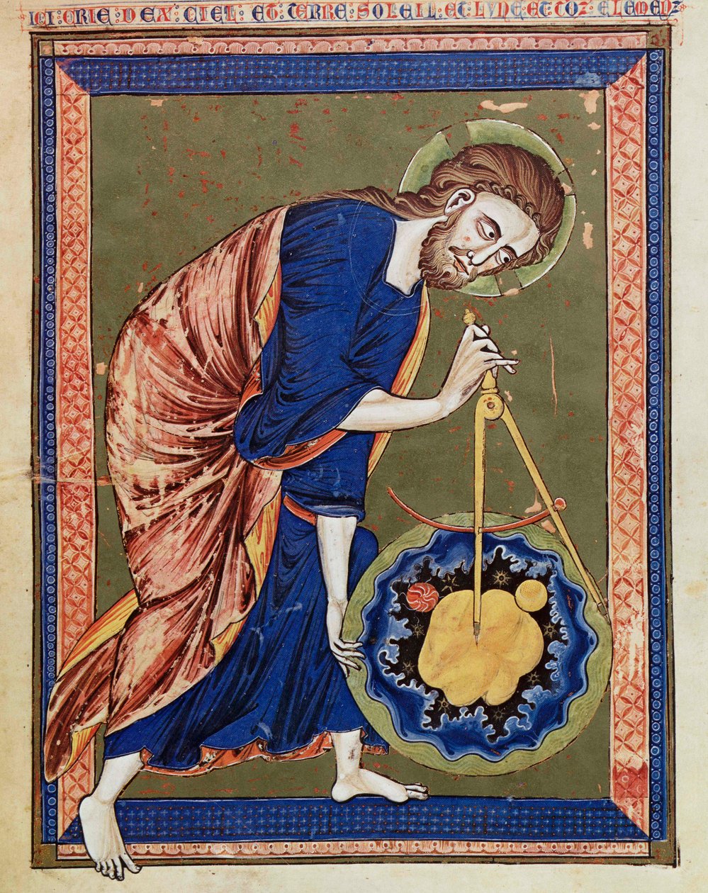 Bóg, Boski Architekt. Iluminacja z moralisée biblijnego, Codex Vindobonensis 2554, c.1250 (welum) autorstwa Unbekannt