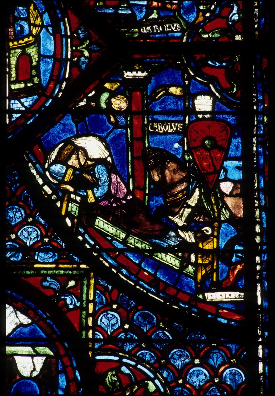 Gotycka architektura. Histoire de Charlemagne (szczegół): Wizja Konstantyna (ja, cesarza bizantyjskiego). Witraże obejścia północnego, absydium. Katedra w Chartres. autorstwa Unbekannt